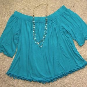 Flirty Convertible Teal Shirt with Ball Fringe